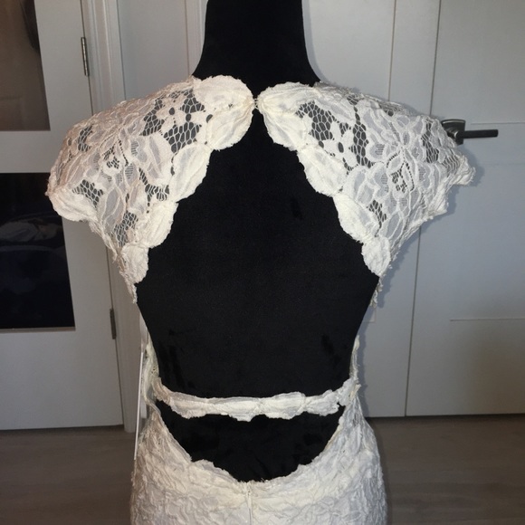 Jovani White/Nude Lace & Crochet Midi Dress 🌼 - Picture 3 of 8